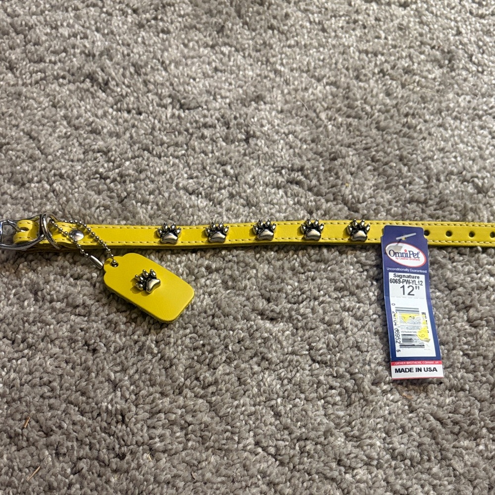New leather Yellow Dog Collar with Paw Print Design 12 inches s/m